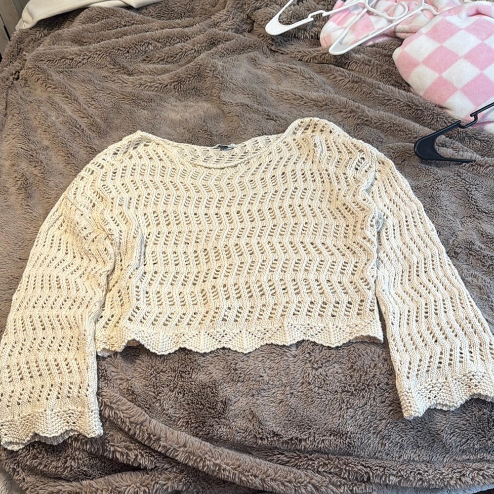 American Eagle Outfitters Cream Cropped Open-Knit Crew Sweater